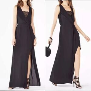 BCBGMaxazria Koko Dress Maxi Lace Blouson Gown Black 0 Prom Formal Vneck Slit